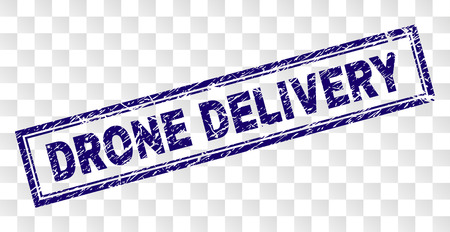 DRONE DELIVERY stamp seal print with rubber print style and double framed rectangle shape. Stamp is placed on a transparent background.のイラスト素材