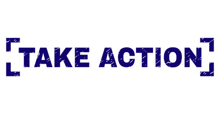TAKE ACTION text seal print with distress style. Text tag is placed inside corners. Blue vector rubber print of TAKE ACTION with scratched texture.のイラスト素材