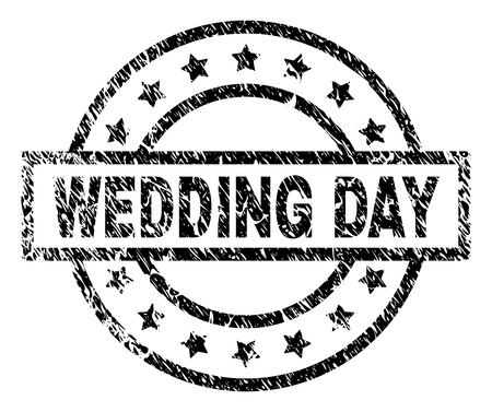 WEDDING DAY stamp seal watermark with distress style. Designed with rectangle, circles and stars. Black vector rubber print of WEDDING DAY text with scratched texture.のイラスト素材