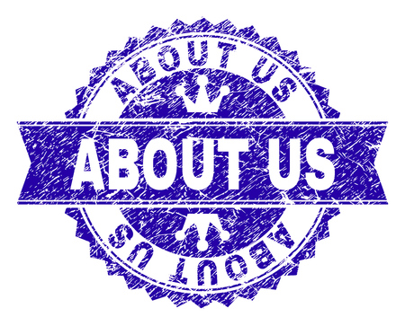 ABOUT US rosette stamp seal watermark with grunge texture. Designed with round rosette, ribbon and small crowns. Blue vector rubber watermark of ABOUT US title with retro texture.のイラスト素材