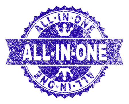 ALL-IN-ONE rosette stamp watermark with grunge effect. Designed with round rosette, ribbon and small crowns. Blue vector rubber watermark of ALL-IN-ONE tag with grunge style.のイラスト素材