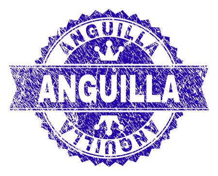 ANGUILLA rosette seal watermark with distress style. Designed with round rosette, ribbon and small crowns. Blue vector rubber print of ANGUILLA label with unclean style.のイラスト素材