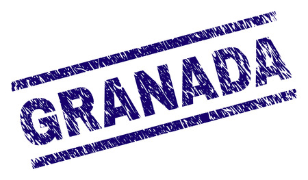 GRANADA seal print with distress style. Blue vector rubber print of GRANADA caption with retro texture. Text caption is placed between parallel lines.のイラスト素材