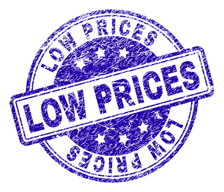 LOW PRICES stamp seal imprint with distress texture. Designed with rounded rectangles and circles. Blue vector rubber print of LOW PRICES caption with retro texture.のイラスト素材