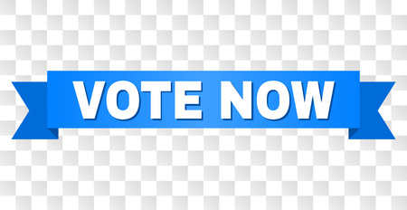 VOTE NOW text on a ribbon. Designed with white caption and blue stripe. Vector banner with VOTE NOW tag on a transparent background.のイラスト素材