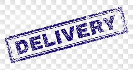 DELIVERY stamp seal print with rubber print style and double framed rectangle shape. Stamp is placed on a transparent background. Blue vector rubber print of DELIVERY caption with corroded texture.のイラスト素材