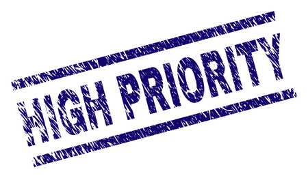 HIGH PRIORITY seal print with distress style. Blue vector rubber print of HIGH PRIORITY text with scratched texture. Text label is placed between parallel lines.のイラスト素材