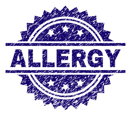 ALLERGY stamp seal watermark with distress style. Blue vector rubber print of ALLERGY tag with scratched texture.のイラスト素材