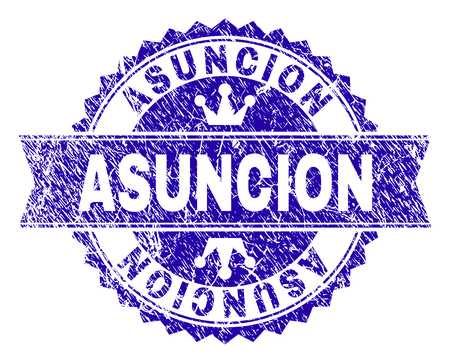 ASUNCION rosette seal imprint with grunge texture. Designed with round rosette, ribbon and small crowns. Blue vector rubber watermark of ASUNCION title with corroded texture.のイラスト素材