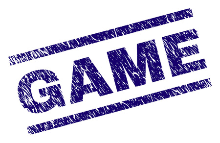 GAME seal print with scratced style. Blue vector rubber print of GAME label with corroded texture. Text label is placed between parallel lines.のイラスト素材