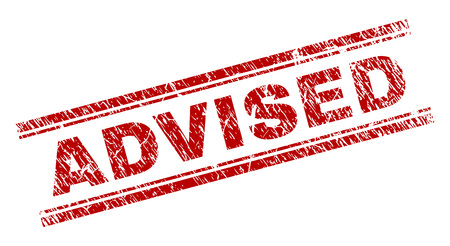 ADVISED seal watermark with grunge texture. Red vector rubber print of ADVISED title with grunge texture. Text title is placed between double parallel lines.のイラスト素材