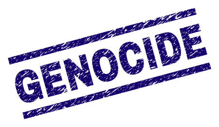 GENOCIDE seal print with distress style. Blue vector rubber print of GENOCIDE title with dirty texture. Text title is placed between parallel lines.のイラスト素材