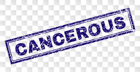 CANCEROUS stamp seal print with rubber print style and double framed rectangle shape. Stamp is placed on a transparent background. Blue vector rubber print of CANCEROUS label with scratched texture.のイラスト素材