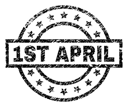 1ST APRIL stamp seal watermark with distress style. Designed with rectangle, circles and stars. Black vector rubber print of 1ST APRIL caption with retro texture.のイラスト素材