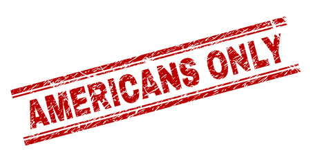 AMERICANS ONLY seal print with distress effect. Red vector rubber print of AMERICANS ONLY label with scratched texture. Text label is placed between double parallel lines.のイラスト素材