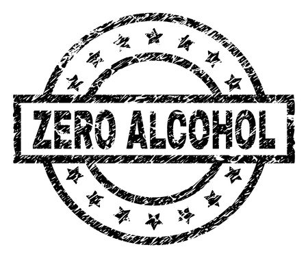 ZERO ALCOHOL stamp seal watermark with distress style. Designed with rectangle, circles and stars. Black vector rubber print of ZERO ALCOHOL tag with retro texture.のイラスト素材