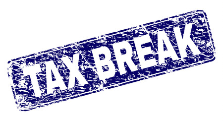 TAX BREAK stamp seal imprint with grunge texture. Seal shape is a rounded rectangle with frame. Blue vector rubber print of TAX BREAK title with dust texture.のイラスト素材