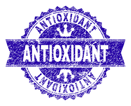 ANTIOXIDANT rosette stamp watermark with distress texture. Designed with round rosette, ribbon and small crowns. Blue vector rubber watermark of ANTIOXIDANT tag with dust texture.のイラスト素材