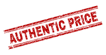 AUTHENTIC PRICE seal print with corroded texture. Red vector rubber print of AUTHENTIC PRICE label with dirty texture. Text label is placed between double parallel lines.のイラスト素材