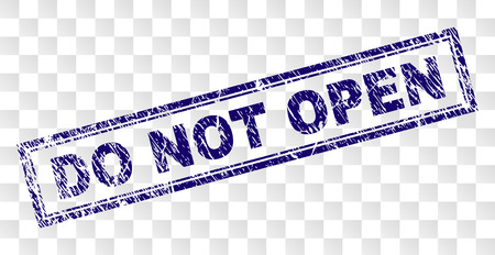 DO NOT OPEN stamp seal print with rubber print style and double framed rectangle shape. Stamp is placed on a transparent background. Blue vector rubber print of DO NOT OPEN title with retro texture.のイラスト素材