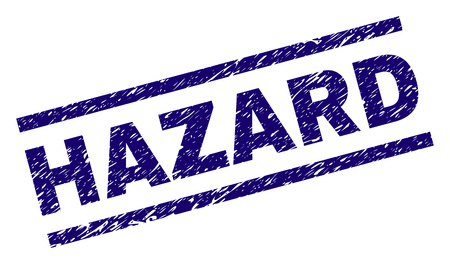 HAZARD seal print with grunge style. Blue vector rubber print of HAZARD text with dust texture. Text caption is placed between parallel lines.のイラスト素材