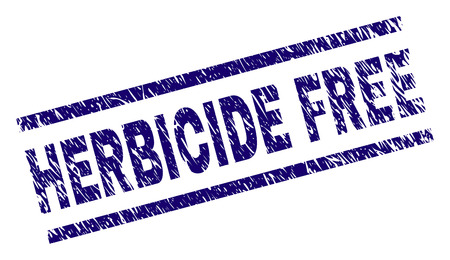 HERBICIDE FREE seal print with scratced style. Blue vector rubber print of HERBICIDE FREE caption with dirty texture. Text title is placed between parallel lines.のイラスト素材