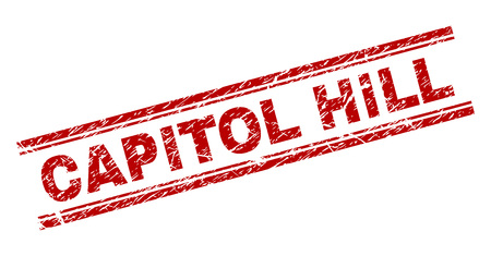 CAPITOL HILL seal print with grunge texture. Red vector rubber print of CAPITOL HILL tag with grunge texture. Text caption is placed between double parallel lines.のイラスト素材
