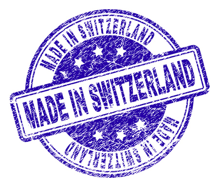 MADE IN SWITZERLAND stamp seal watermark with grunge texture. Designed with rounded rectangles and circles. Blue vector rubber print of MADE IN SWITZERLAND caption with unclean texture.のイラスト素材