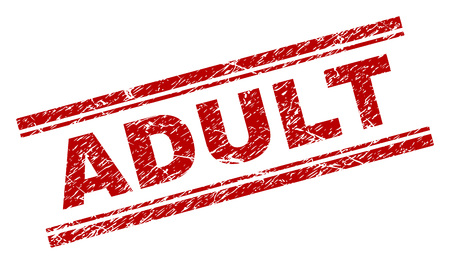 ADULT seal watermark with grunge effect. Red vector rubber print of ADULT caption with grunge texture. Text caption is placed between double parallel lines.のイラスト素材