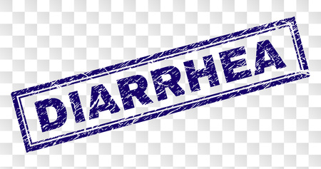 DIARRHEA stamp seal print with scratched style and double framed rectangle shape. Stamp is placed on a transparent background. Blue vector rubber print of DIARRHEA label with scratched texture.のイラスト素材