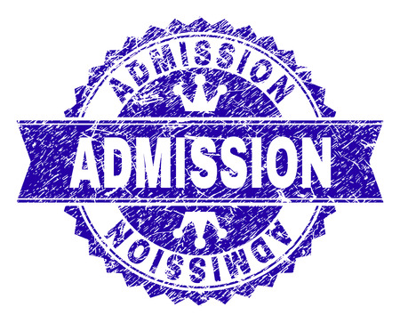 ADMISSION rosette seal imitation with grunge effect. Designed with round rosette, ribbon and small crowns. Blue vector rubber watermark of ADMISSION tag with grunge style.のイラスト素材