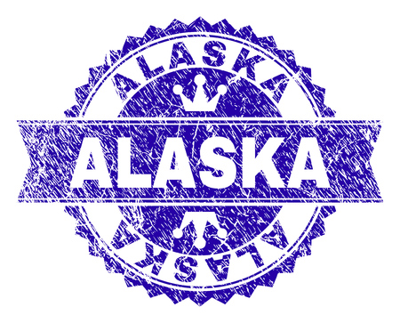 ALASKA rosette stamp watermark with grunge texture. Designed with round rosette, ribbon and small crowns. Blue vector rubber print of ALASKA caption with dust texture.のイラスト素材