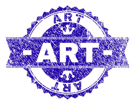 ART rosette stamp overlay with grunge style. Designed with round rosette, ribbon and small crowns. Blue vector rubber print of ART tag with grunge style.のイラスト素材
