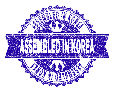 ASSEMBLED IN KOREA rosette stamp seal imitation with grunge texture. Designed with round rosette, ribbon and small crowns. Blue vector rubber watermark of ASSEMBLED IN KOREA tag with dirty texture.のイラスト素材