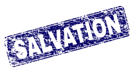 SALVATION stamp seal print with grunge style. Seal shape is a rounded rectangle with frame. Blue vector rubber print of SALVATION tag with dirty style.のイラスト素材