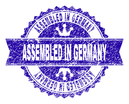 ASSEMBLED IN GERMANY rosette seal watermark with grunge texture. Designed with round rosette, ribbon and small crowns. Blue vector rubber watermark of ASSEMBLED IN GERMANY text with dust texture.のイラスト素材
