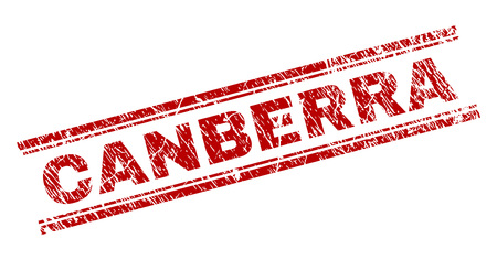 CANBERRA seal print with corroded texture. Red vector rubber print of CANBERRA label with scratched texture. Text label is placed between double parallel lines.のイラスト素材