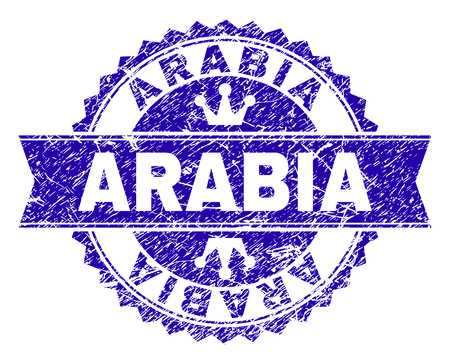 ARABIA rosette stamp watermark with grunge texture. Designed with round rosette, ribbon and small crowns. Blue vector rubber watermark of ARABIA text with unclean texture.のイラスト素材