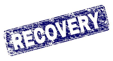 RECOVERY stamp seal print with distress style. Seal shape is a rounded rectangle with frame. Blue vector rubber print of RECOVERY title with unclean style.のイラスト素材