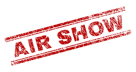 AIR SHOW seal print with grunge style. Red vector rubber print of AIR SHOW label with grunge texture. Text title is placed between double parallel lines.のイラスト素材