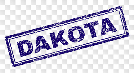 DAKOTA stamp seal print with rubber print style and double framed rectangle shape. Stamp is placed on a transparent background. Blue vector rubber print of DAKOTA label with dirty texture.のイラスト素材