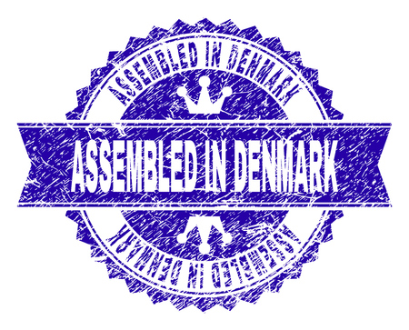 ASSEMBLED IN DENMARK rosette stamp overlay with grunge texture. Designed with round rosette, ribbon and small crowns. Blue vector rubber watermark of ASSEMBLED IN DENMARK caption with grunge texture.のイラスト素材