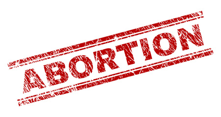 ABORTION seal print with grunge texture. Red vector rubber print of ABORTION tag with unclean texture. Text title is placed between double parallel lines.のイラスト素材