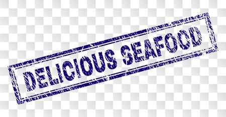 DELICIOUS SEAFOOD stamp seal print with grunge style and double framed rectangle shape. Stamp is placed on a transparent background.のイラスト素材