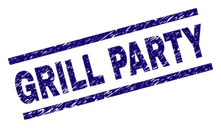 GRILL PARTY seal print with scratced style. Blue vector rubber print of GRILL PARTY label with unclean texture. Text label is placed between parallel lines.のイラスト素材