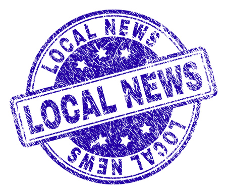 LOCAL NEWS stamp seal imprint with grunge texture. Designed with rounded rectangles and circles. Blue vector rubber print of LOCAL NEWS text with corroded texture.のイラスト素材