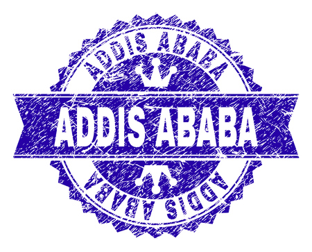 ADDIS ABABA rosette stamp watermark with grunge texture. Designed with round rosette, ribbon and small crowns. Blue vector rubber print of ADDIS ABABA tag with grunge texture.のイラスト素材