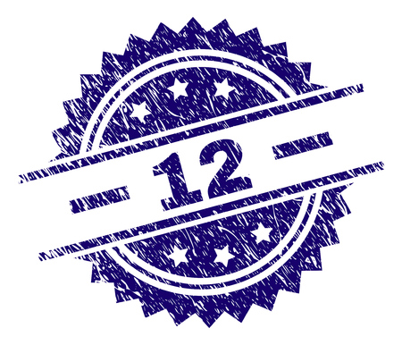 12 stamp seal watermark with distress style. Blue vector rubber print of 12 caption with retro texture.のイラスト素材