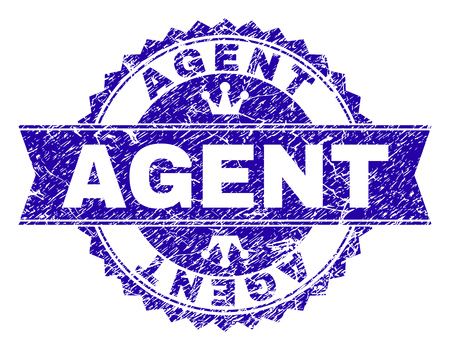 AGENT rosette stamp seal overlay with distress style. Designed with round rosette, ribbon and small crowns. Blue vector rubber print of AGENT tag with unclean style.のイラスト素材