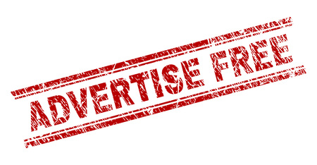 ADVERTISE FREE seal imprint with grunge texture. Red vector rubber print of ADVERTISE FREE title with grunge texture. Text title is placed between double parallel lines.のイラスト素材